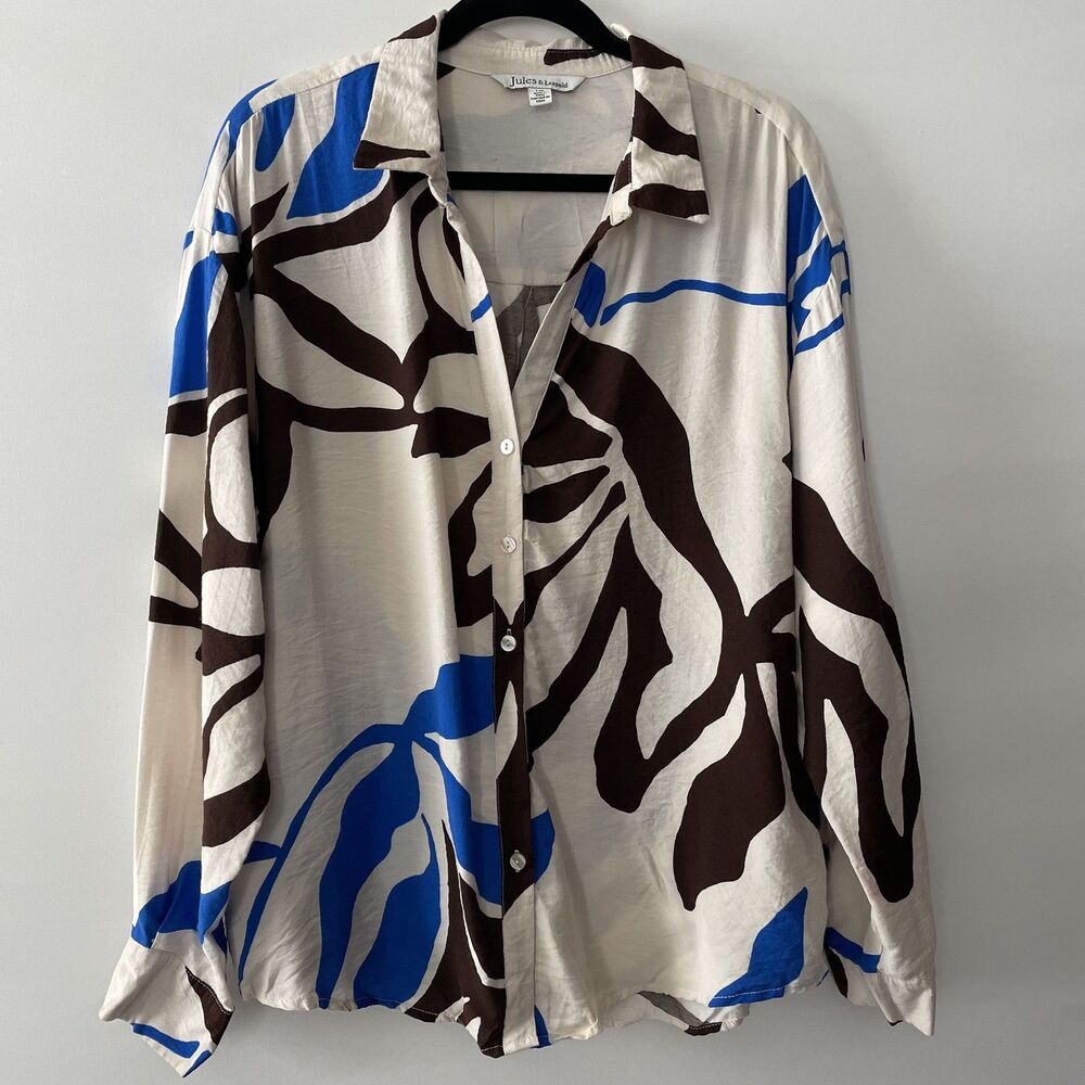 Jules & Leopold Button Up Blouse Long Sleeve Abstract Ivory Blue Size L-dp